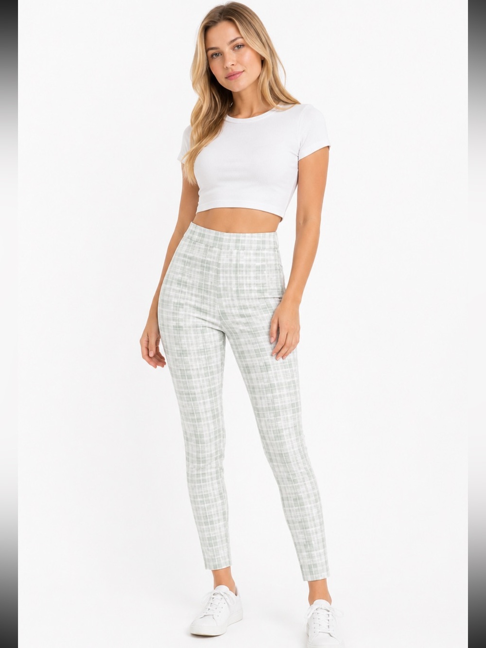 White Fox Boutique Light Green Plaid Leggings Checkered Pants Womens Size XS